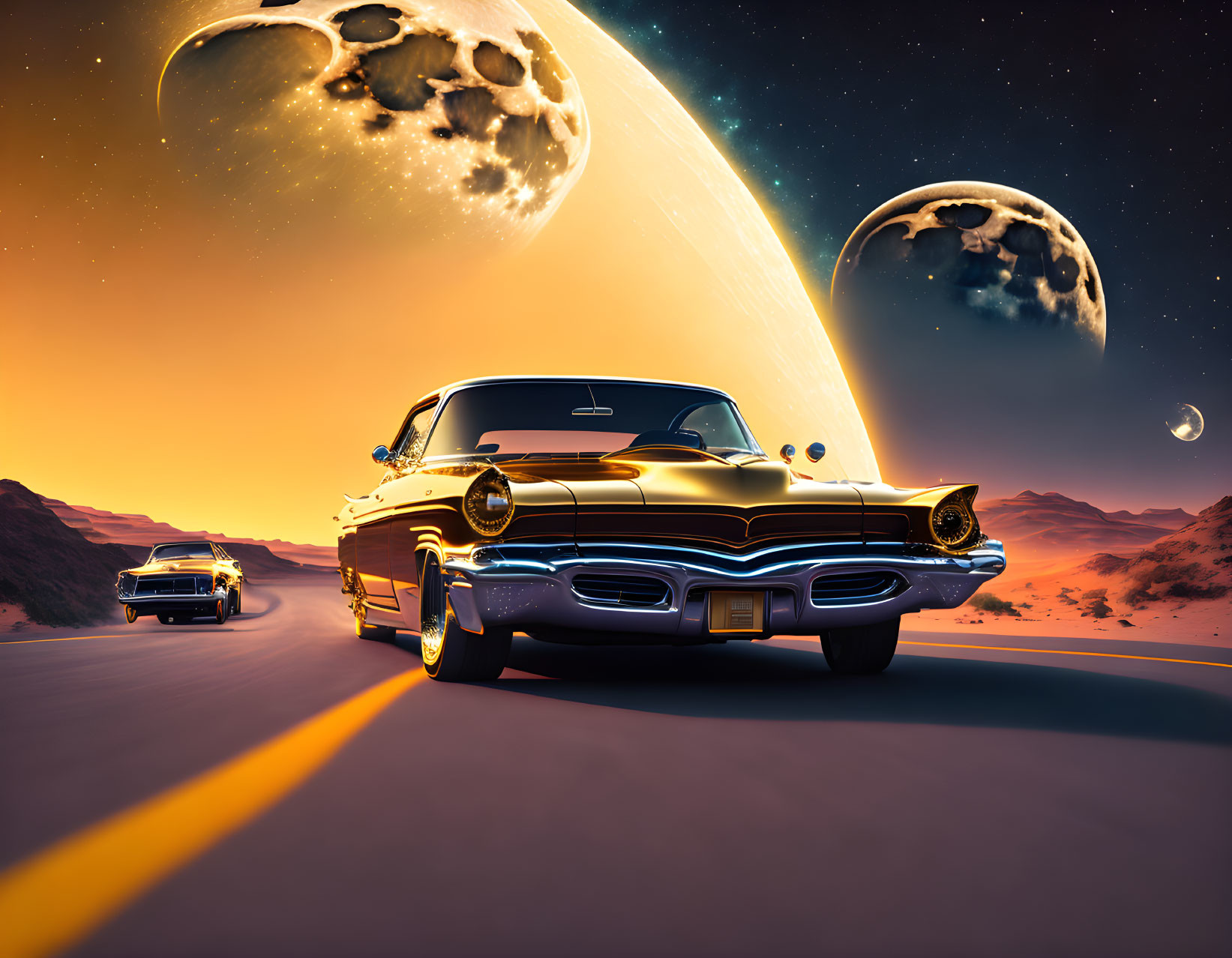 Classic Cars Drive Desert Road with Surreal Planetary Alignment