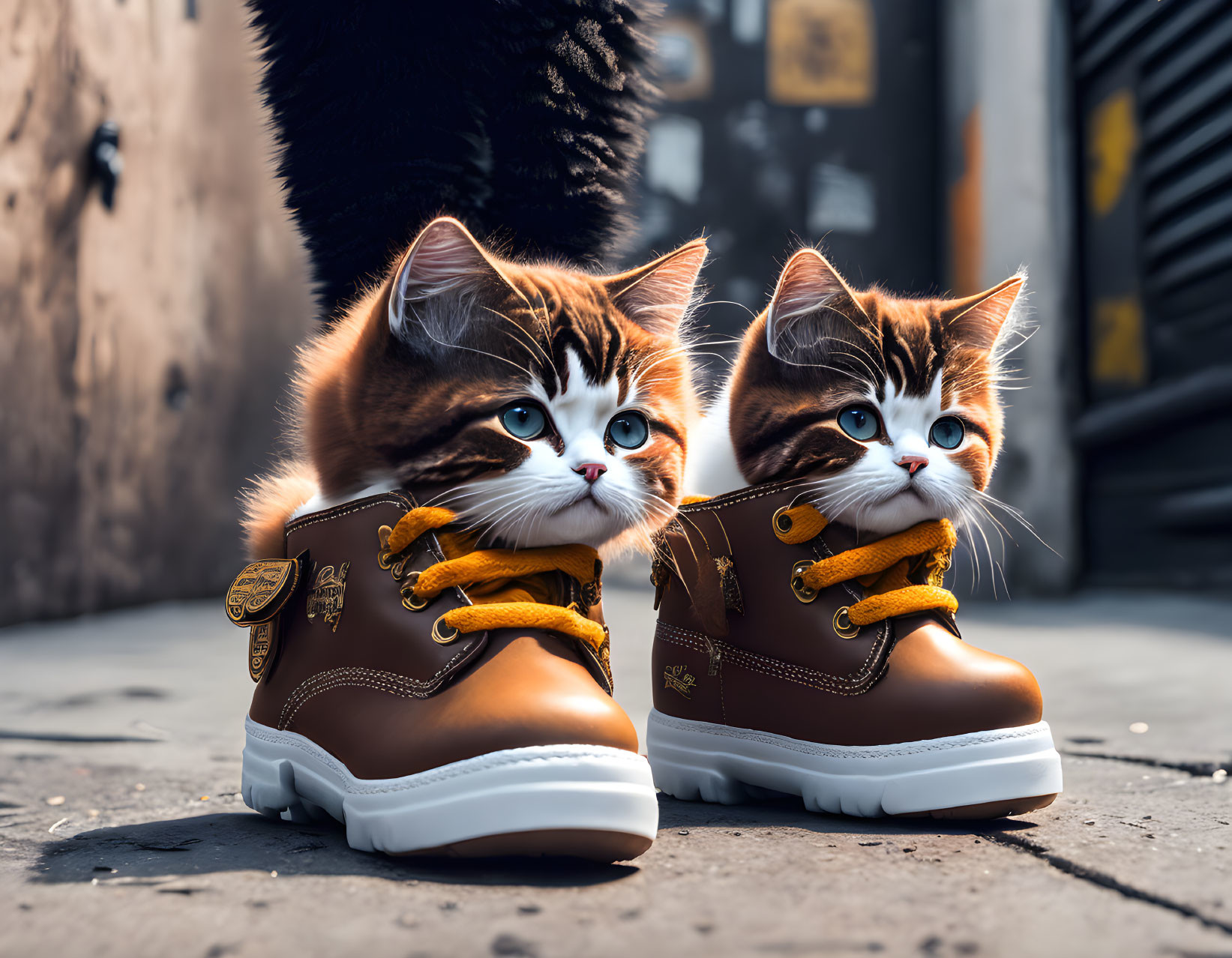 Two cats with unique markings in brown boots on urban sidewalk