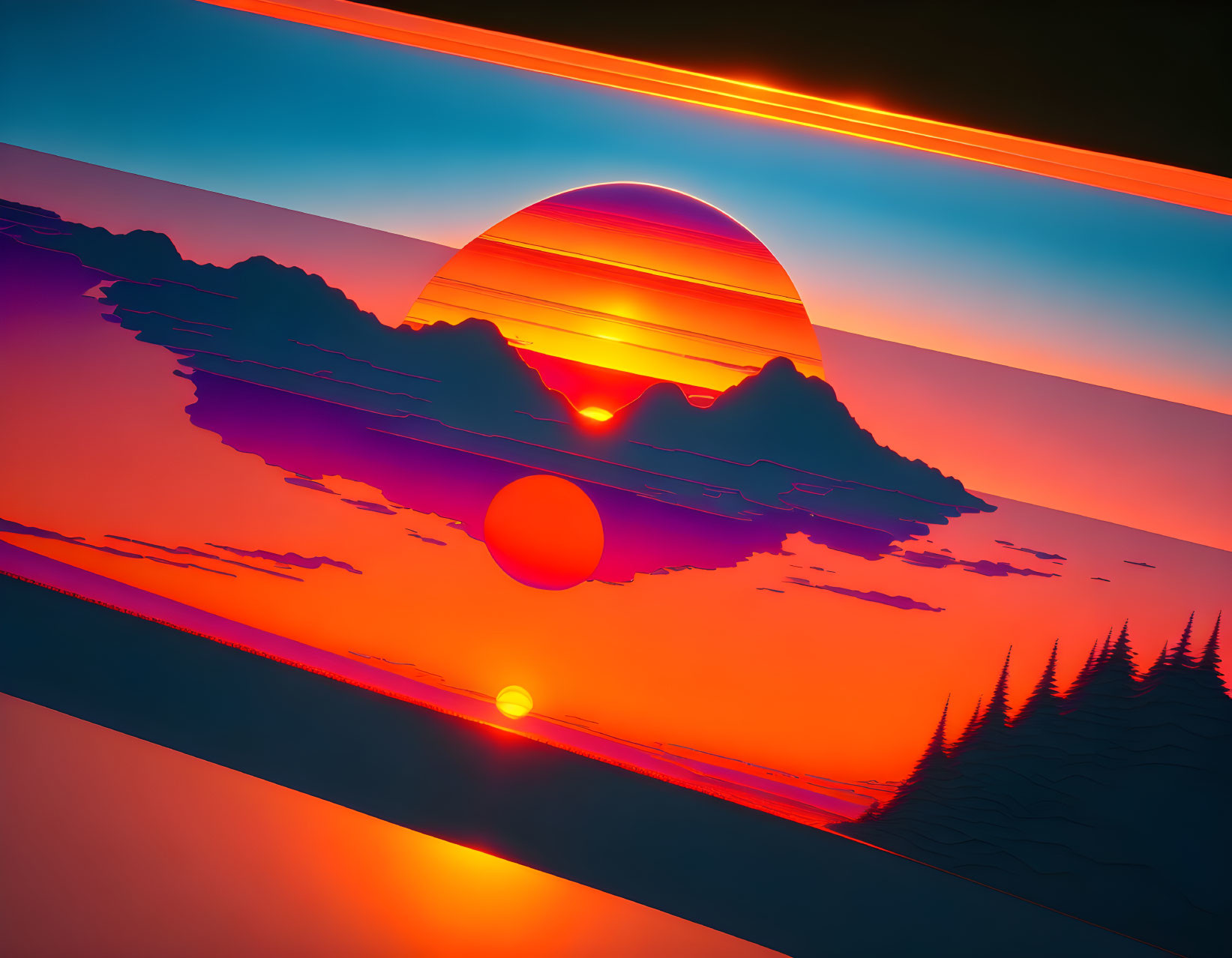 Colorful digital art: Large sun over surreal mountain range