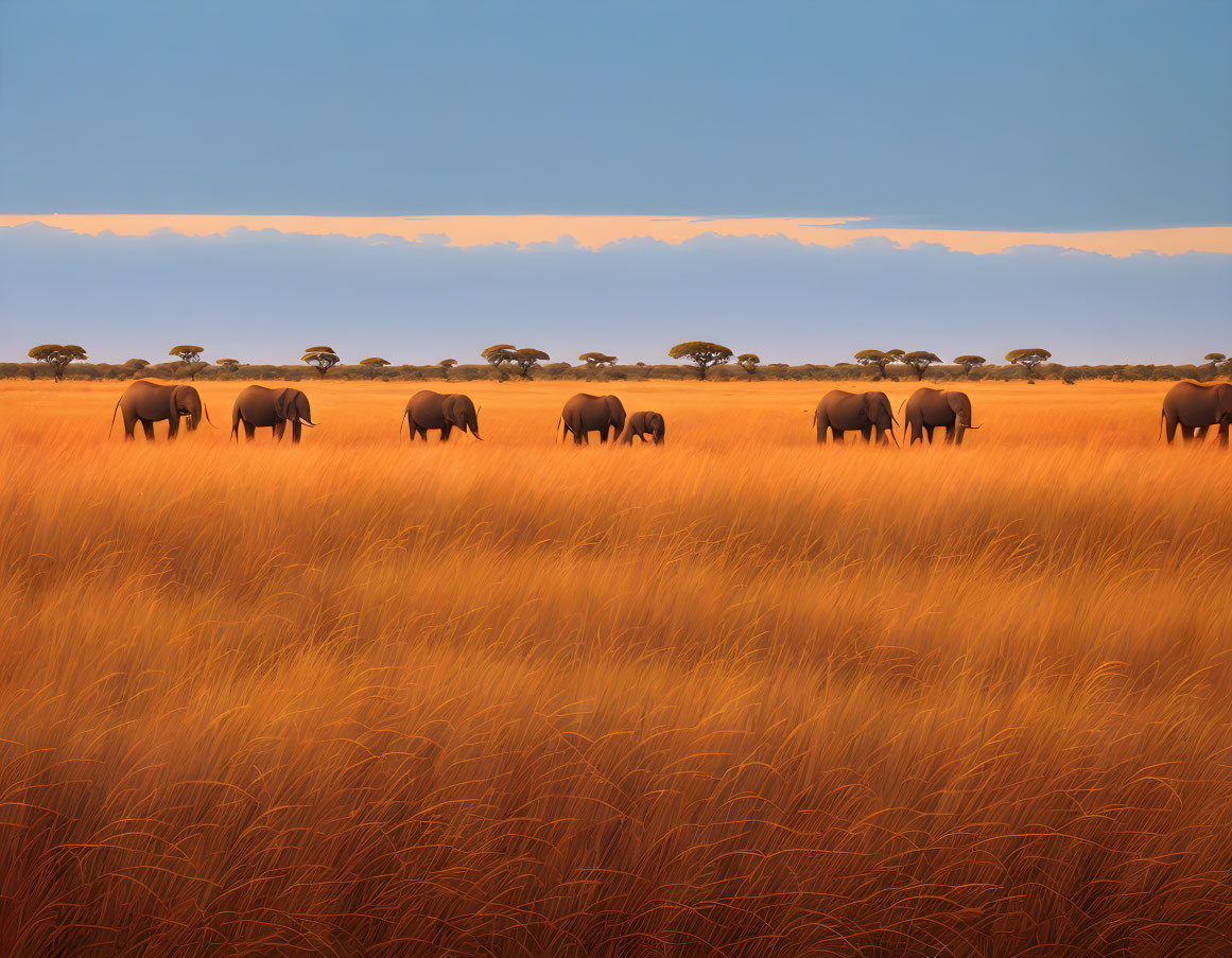 Elephants walking in golden savanna under glowing sky