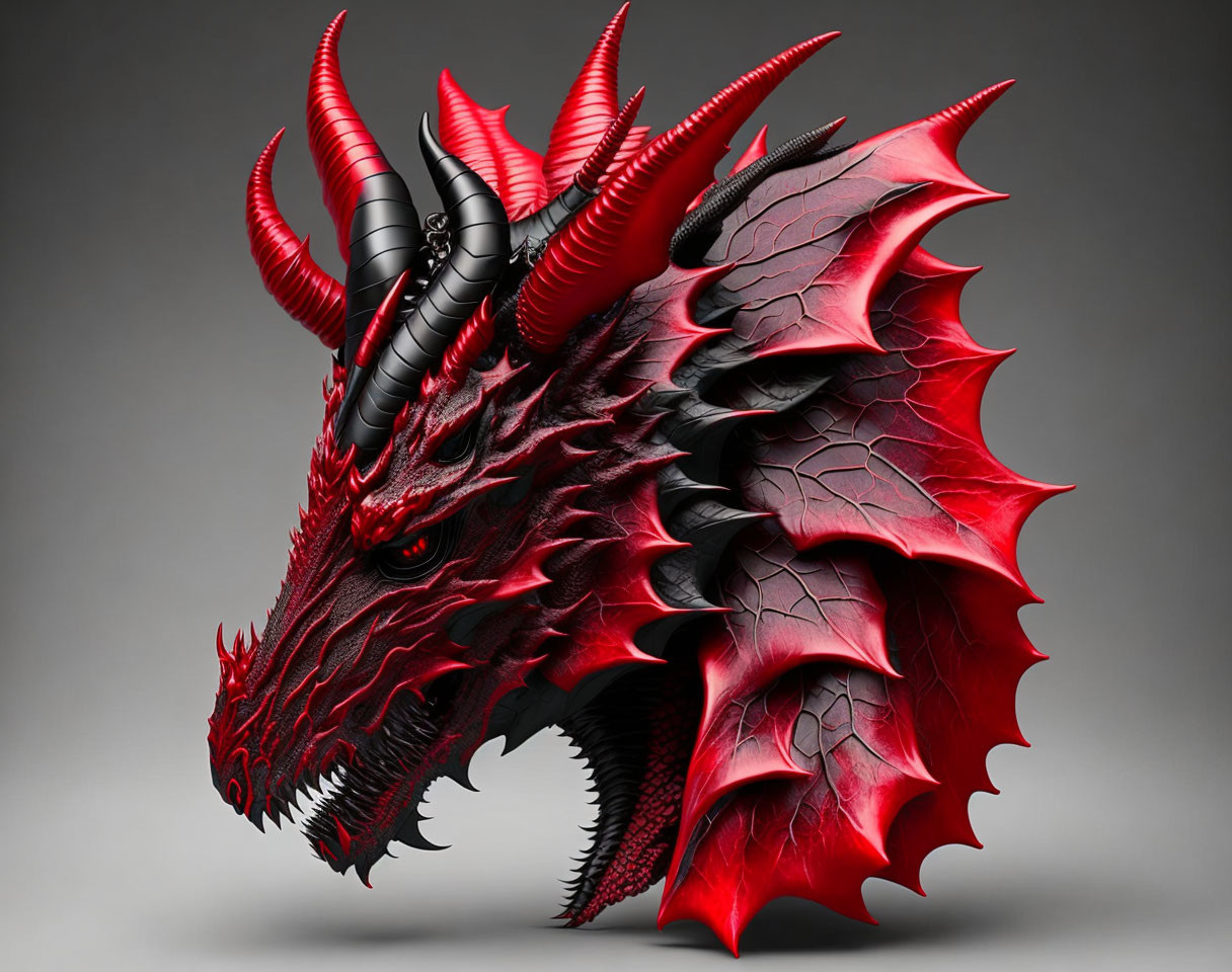 Detailed Red and Black Dragon Illustration with Sharp Horns and Scales