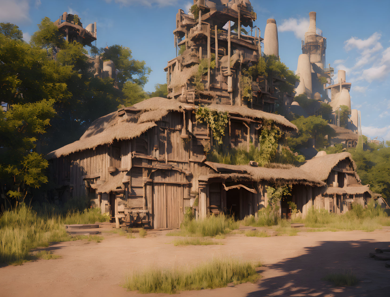 Rustic village scene with thatched-roof cottages and wooden towers