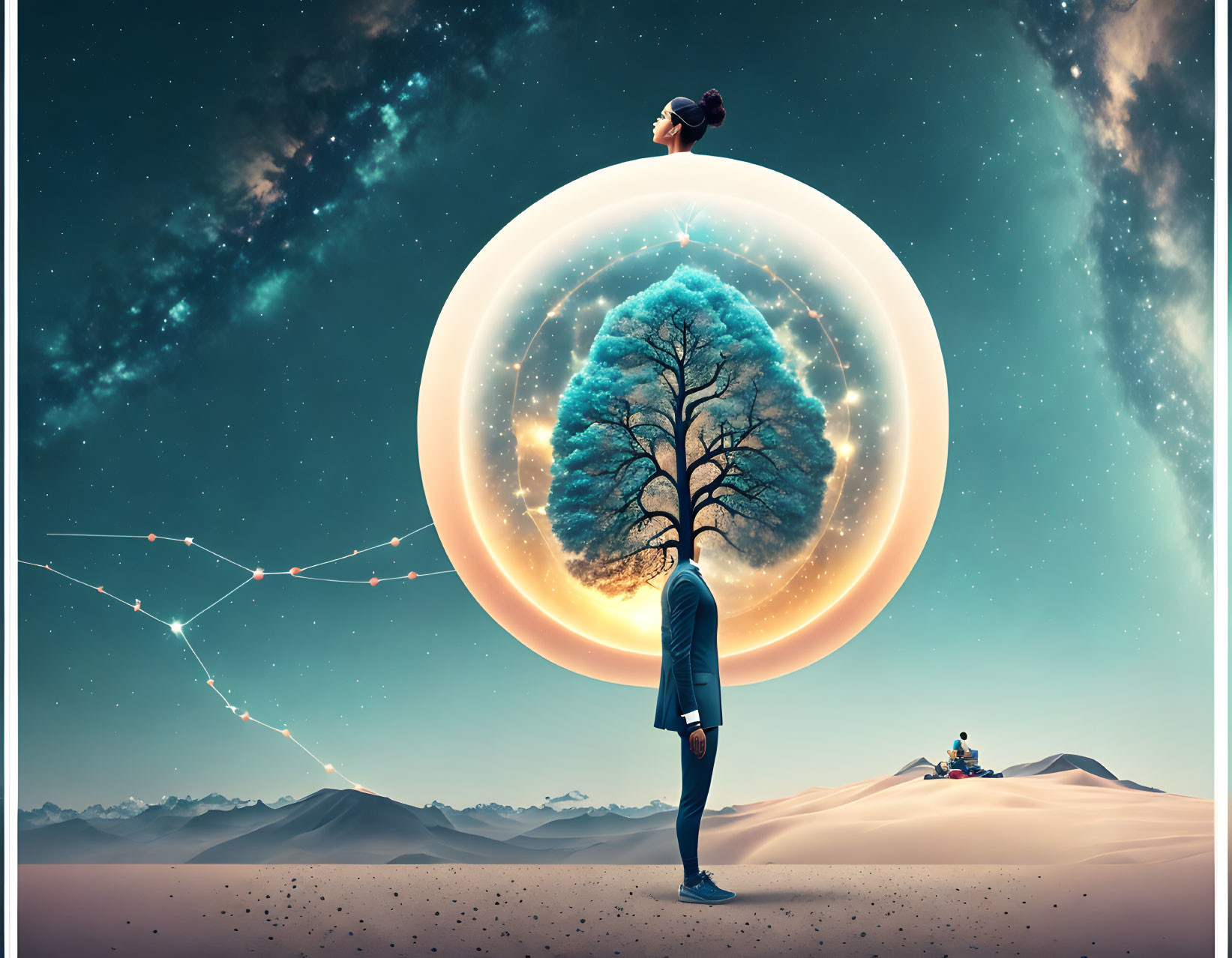 Man in suit gazes at floating tree in glowing orb under starry desert sky