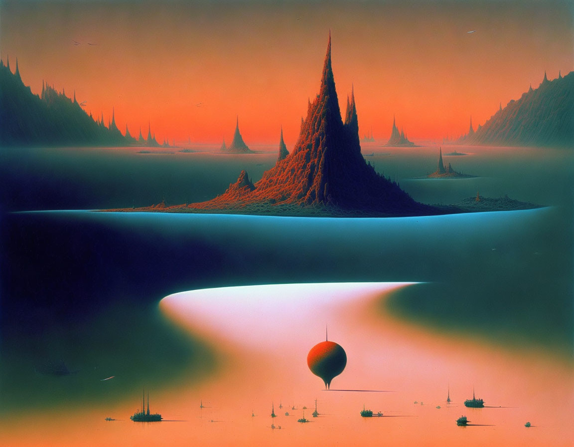 Surreal landscape with spire-like mountain, floating ships, and red sun orb