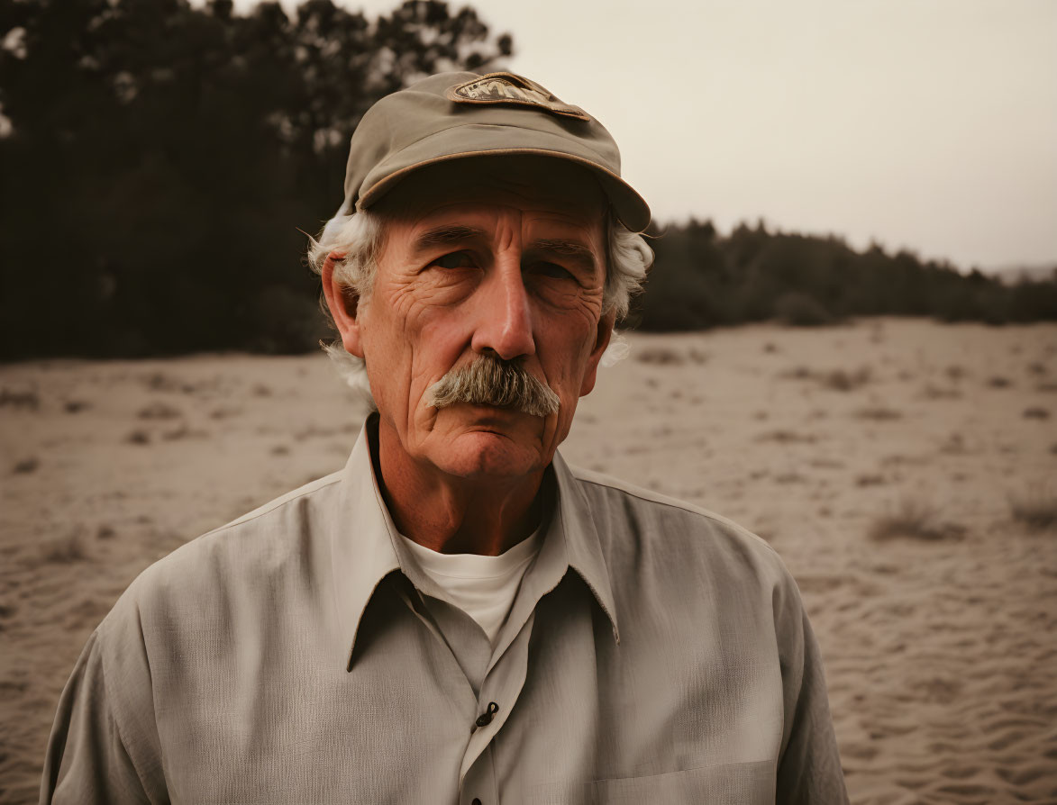 Elderly man with mustache in cap and beige shirt outdoors