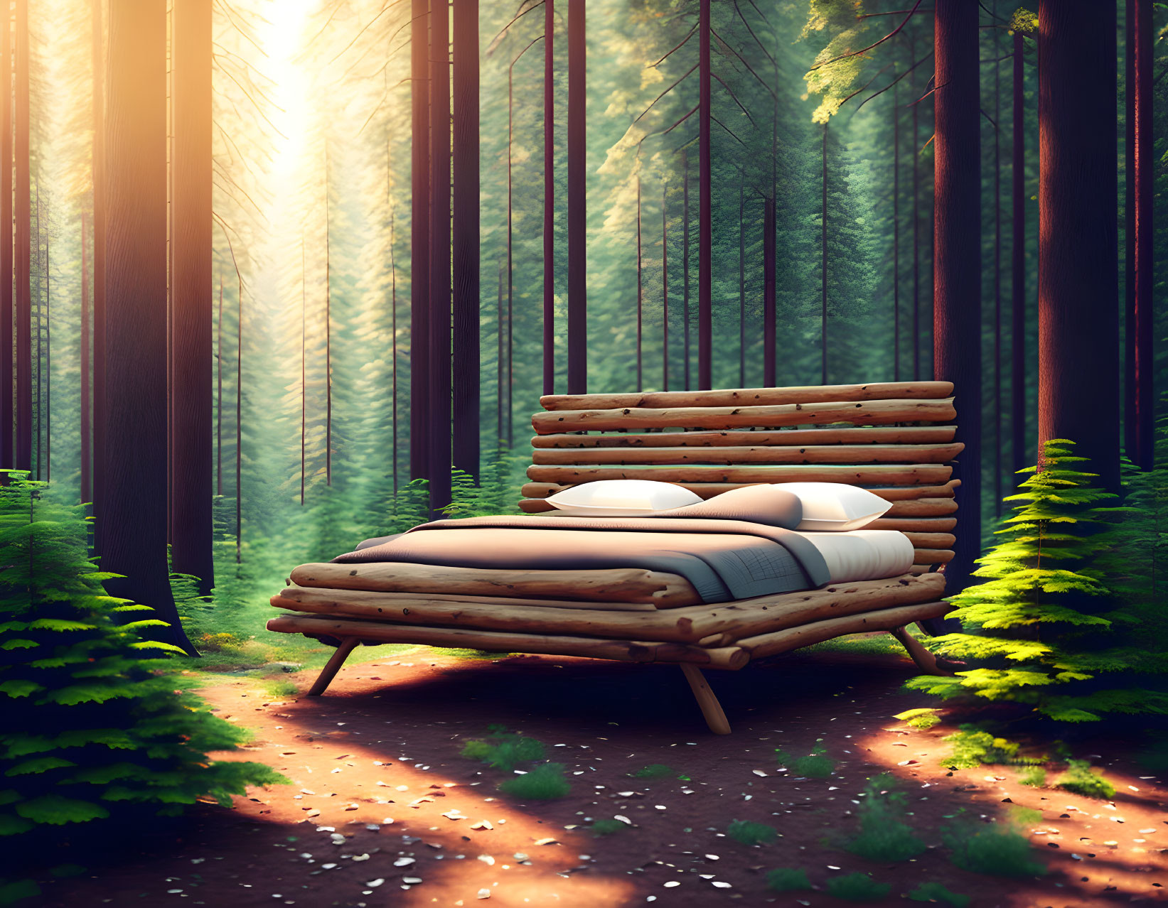 Wooden Bed with Fluffy Pillows in Sunlit Forest