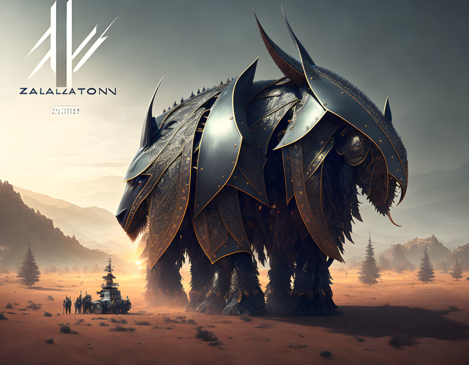 Gigantic armored beast with curved horns in mountainous landscape