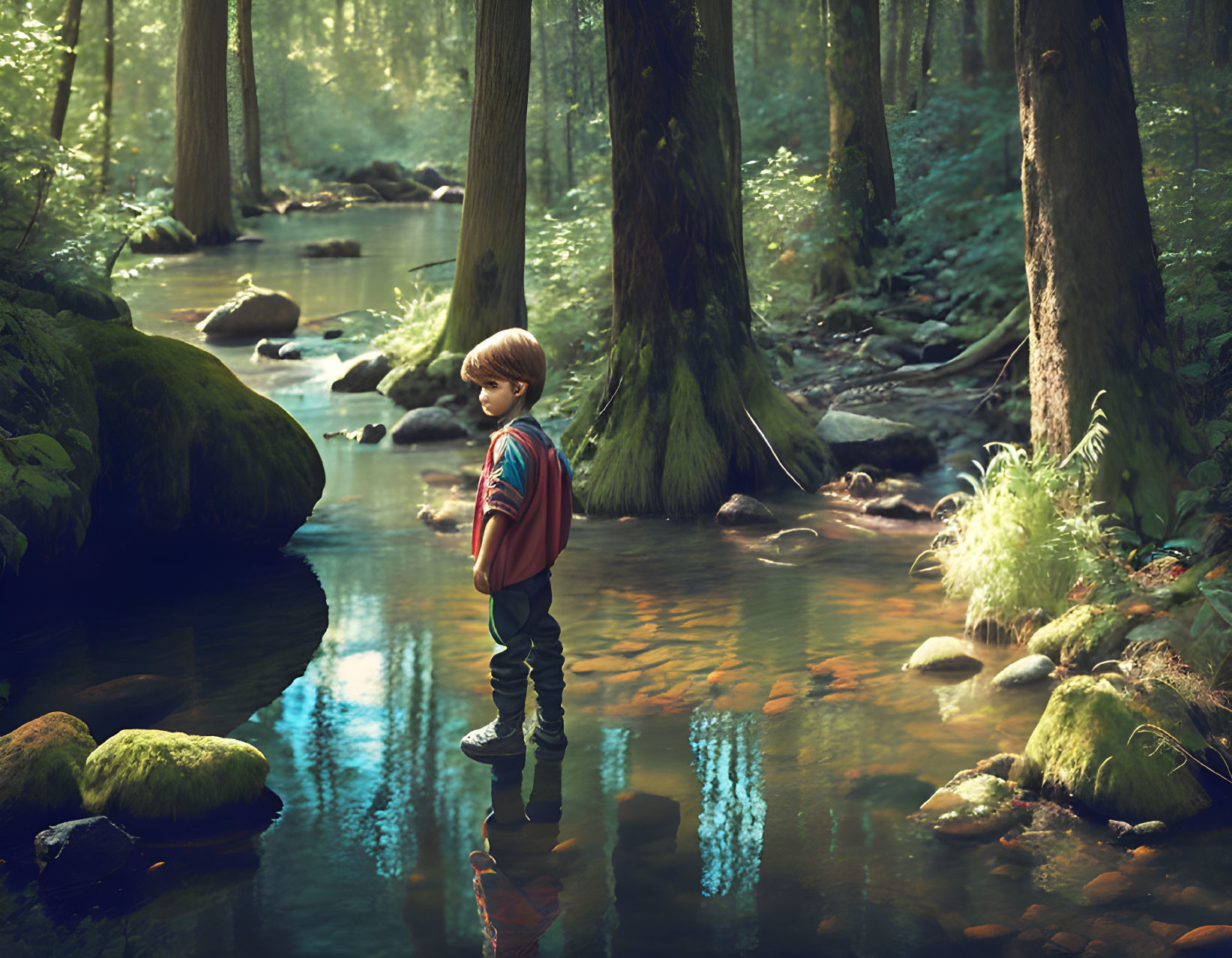 Child with backpack in serene forest by clear stream surrounded by moss-covered rocks and green trees