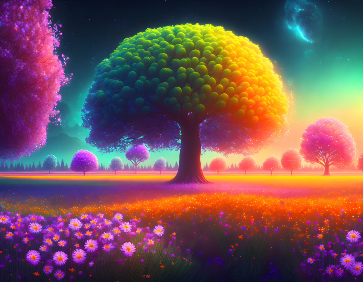 Fantasy landscape with fluorescent trees and glowing flowers at twilight