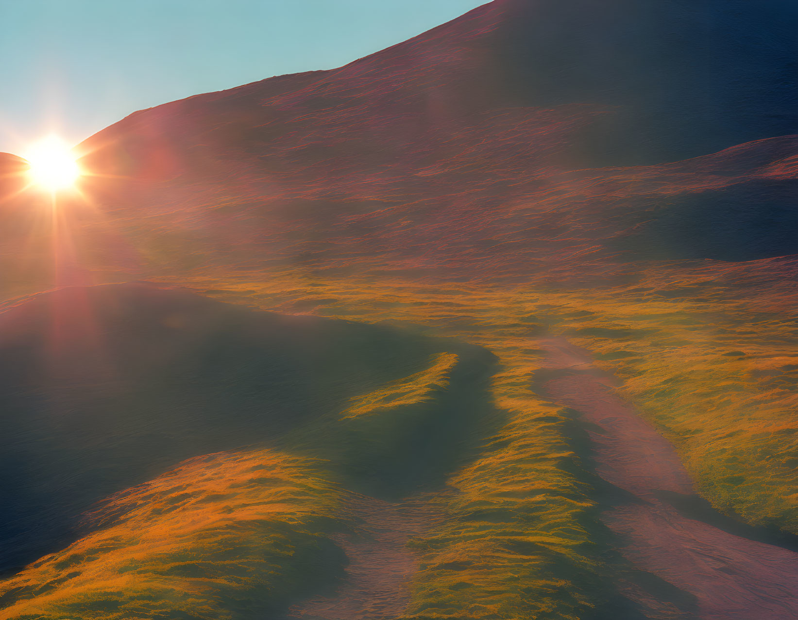 Vibrant sunrise landscape with winding path through golden grass hills