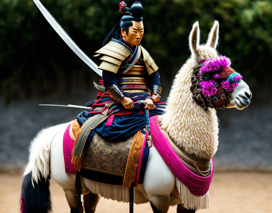 Samurai in armor riding llama with sword and floral headdress