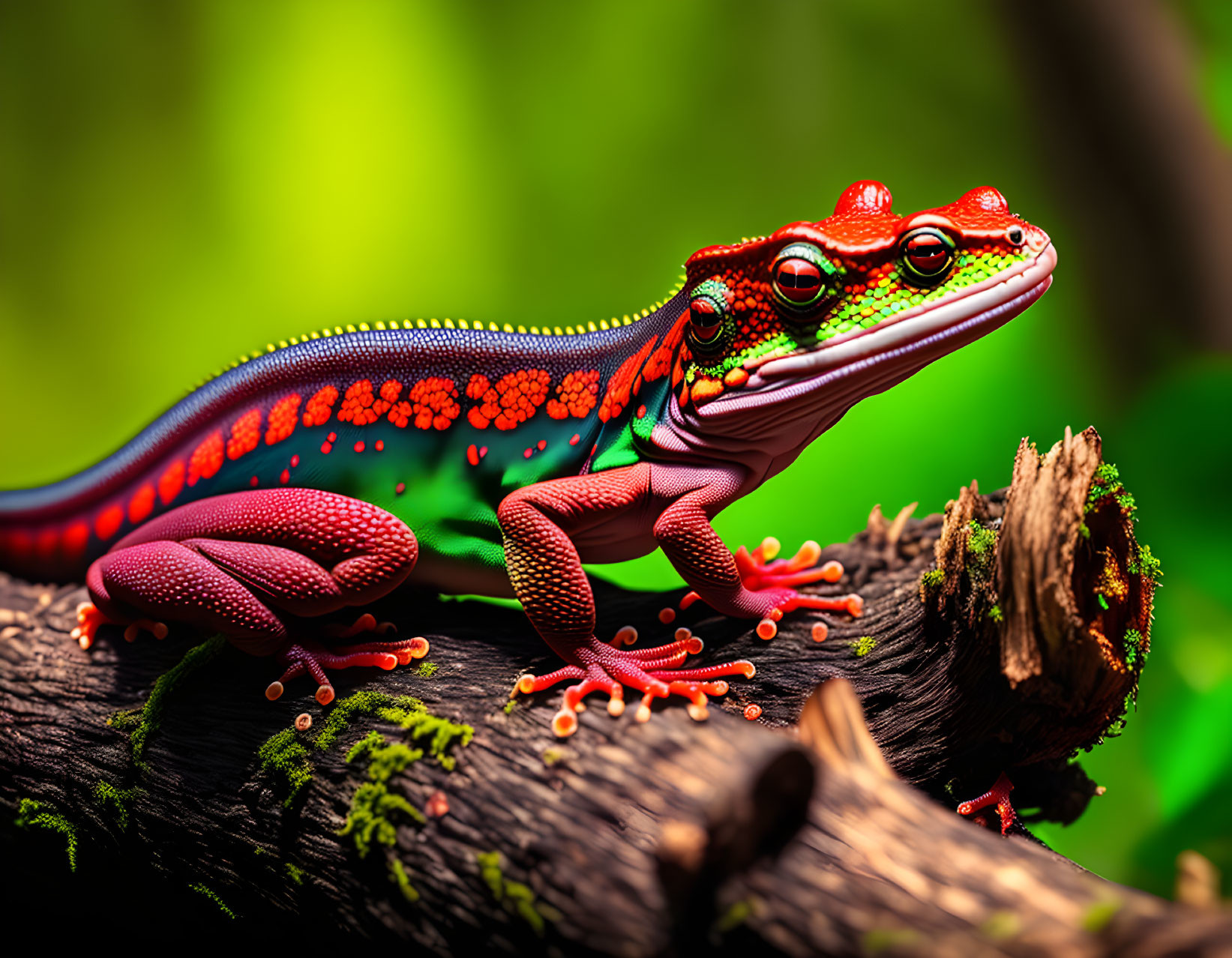 Colorful Gecko with Red and Green Patterns on Tree Branch in Blurred Background