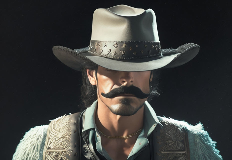 Man with Mustache in Cowboy Hat and Leather Jacket on Dark Background