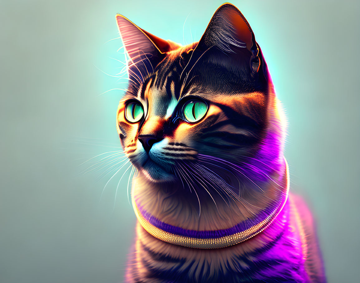 Vibrant Cat Portrait with Turquoise Eyes on Teal Background