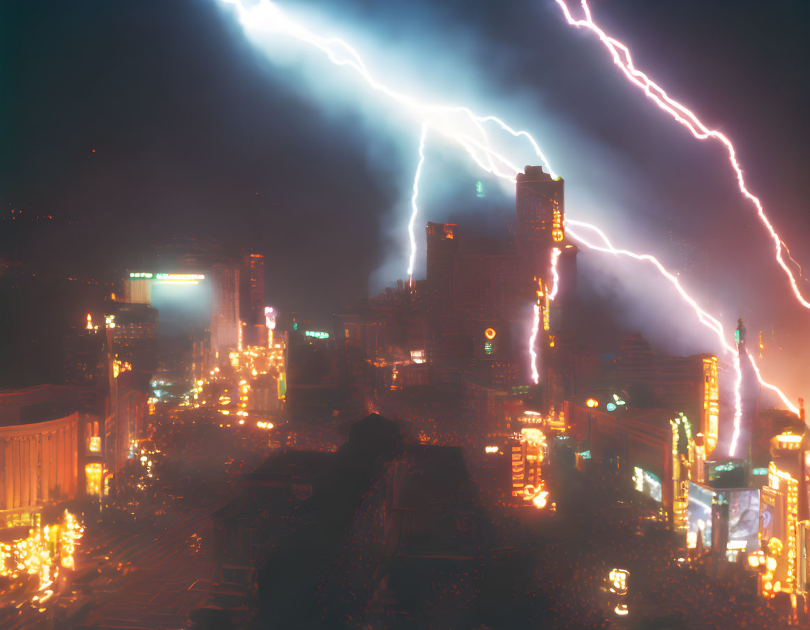 Vibrant neon-lit nighttime cityscape with dramatic lightning bolt