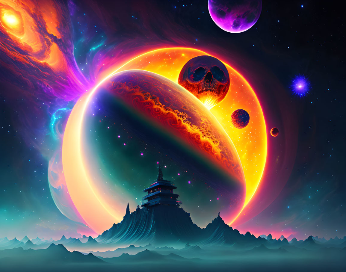 Giant planet, skull-shaped bodies, nebula, pagoda mountain under starry sky