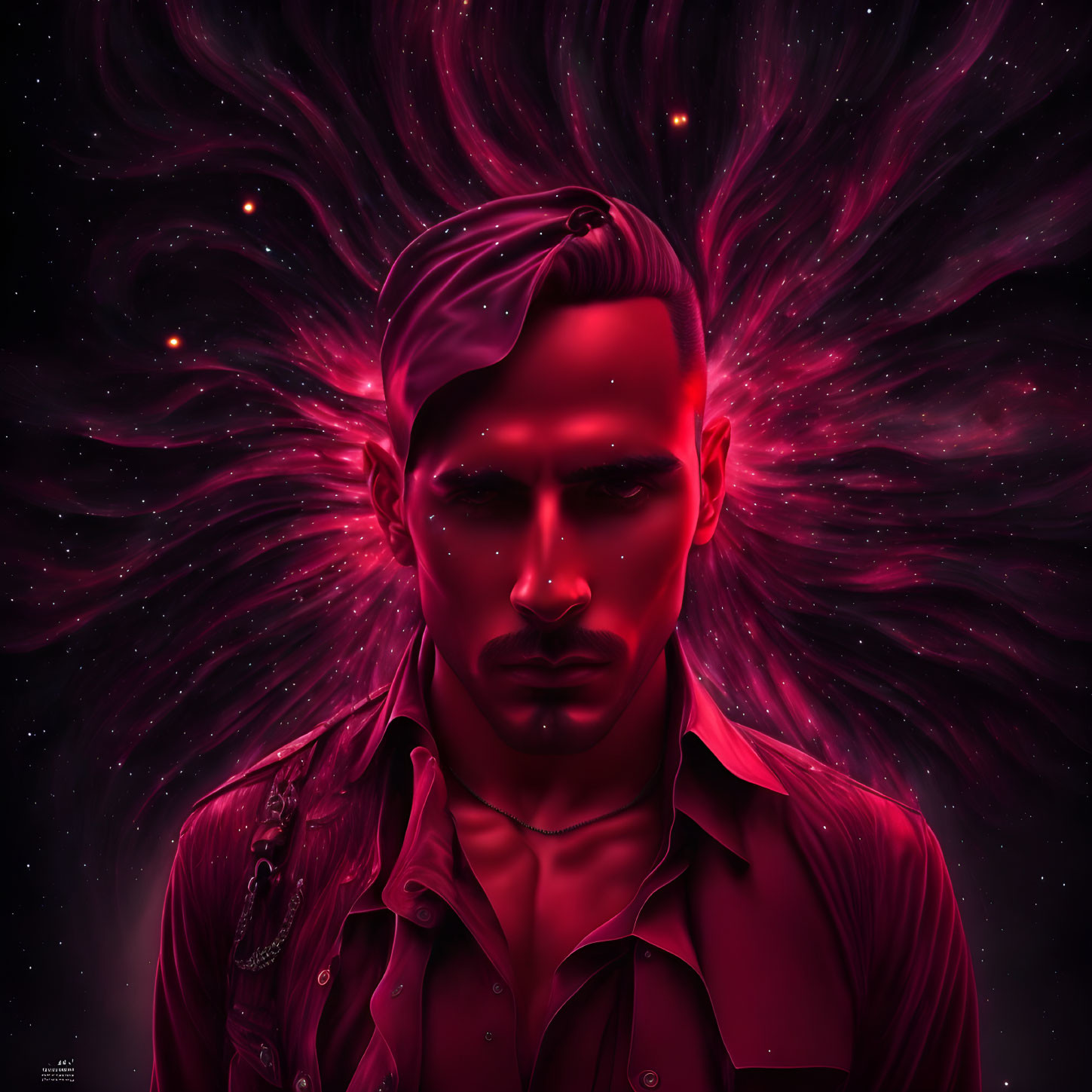 Digital art portrait of a man with stern expression against cosmic background.