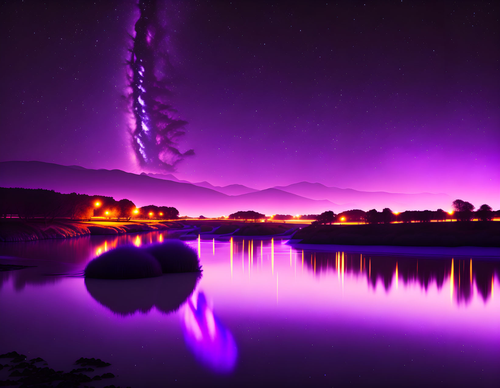 Vibrant purple night sky over silhouetted mountains and calm lake