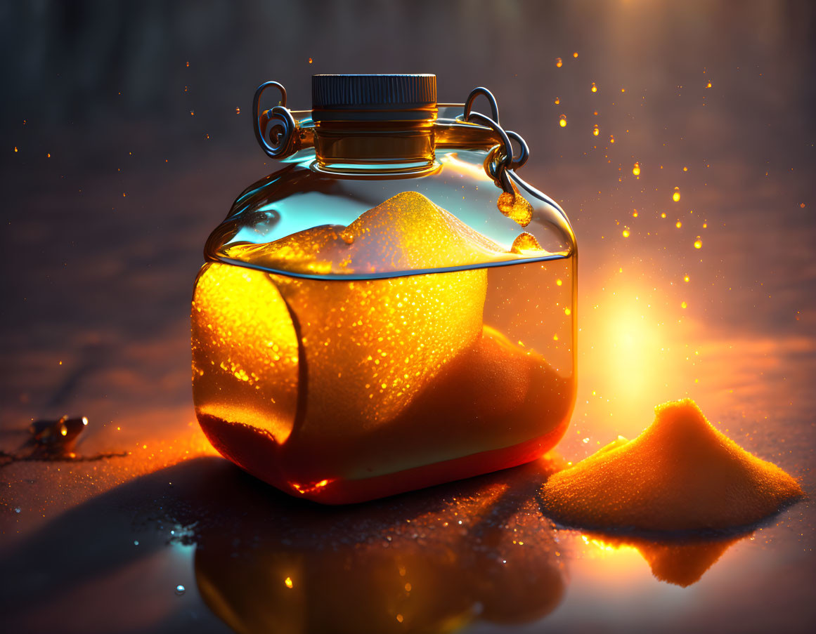 Amber-hued potion in glass bottle with metal clasp and luminescent sand.