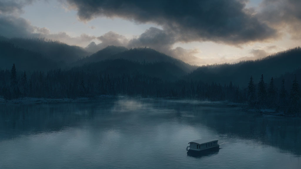 Serene lake with boat, misty forests, hills, and cloudy dusk sky