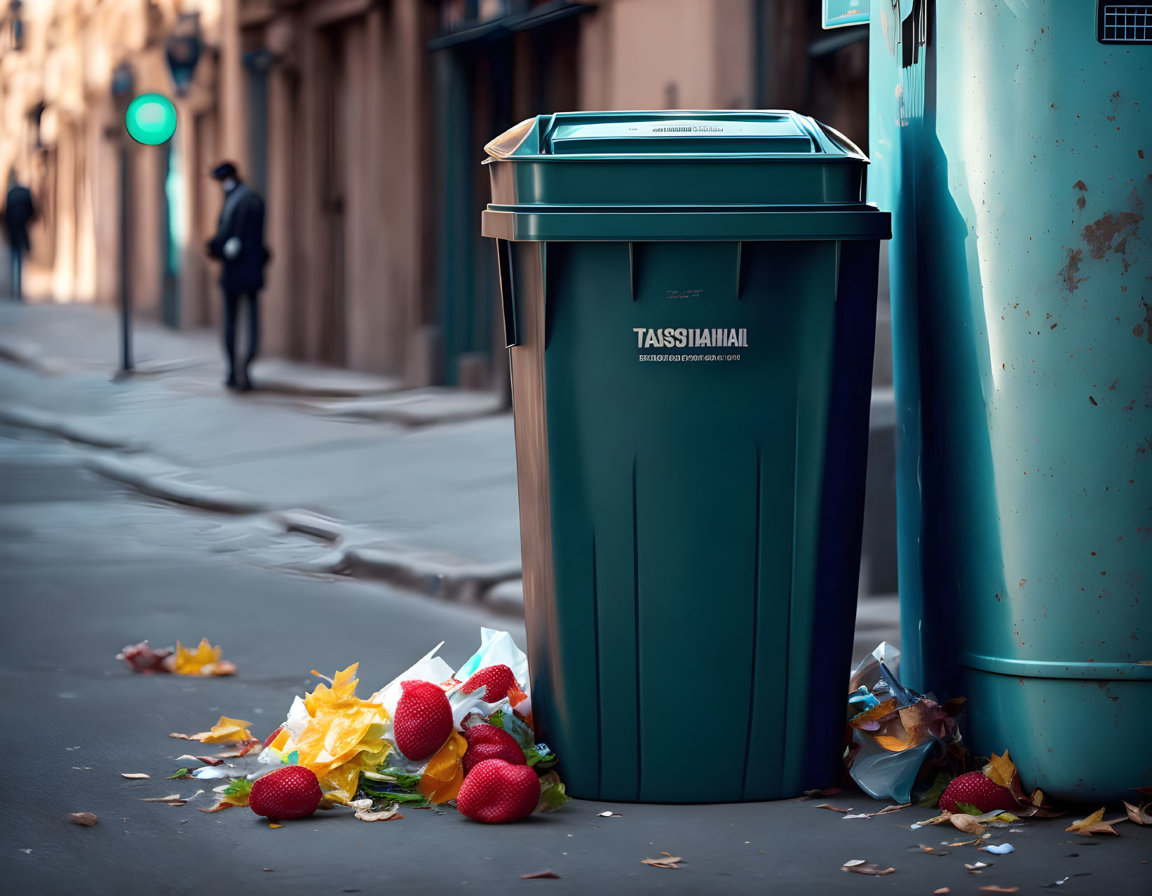 Overflowing green trash bin with strawberries and autumn leaves on city street.