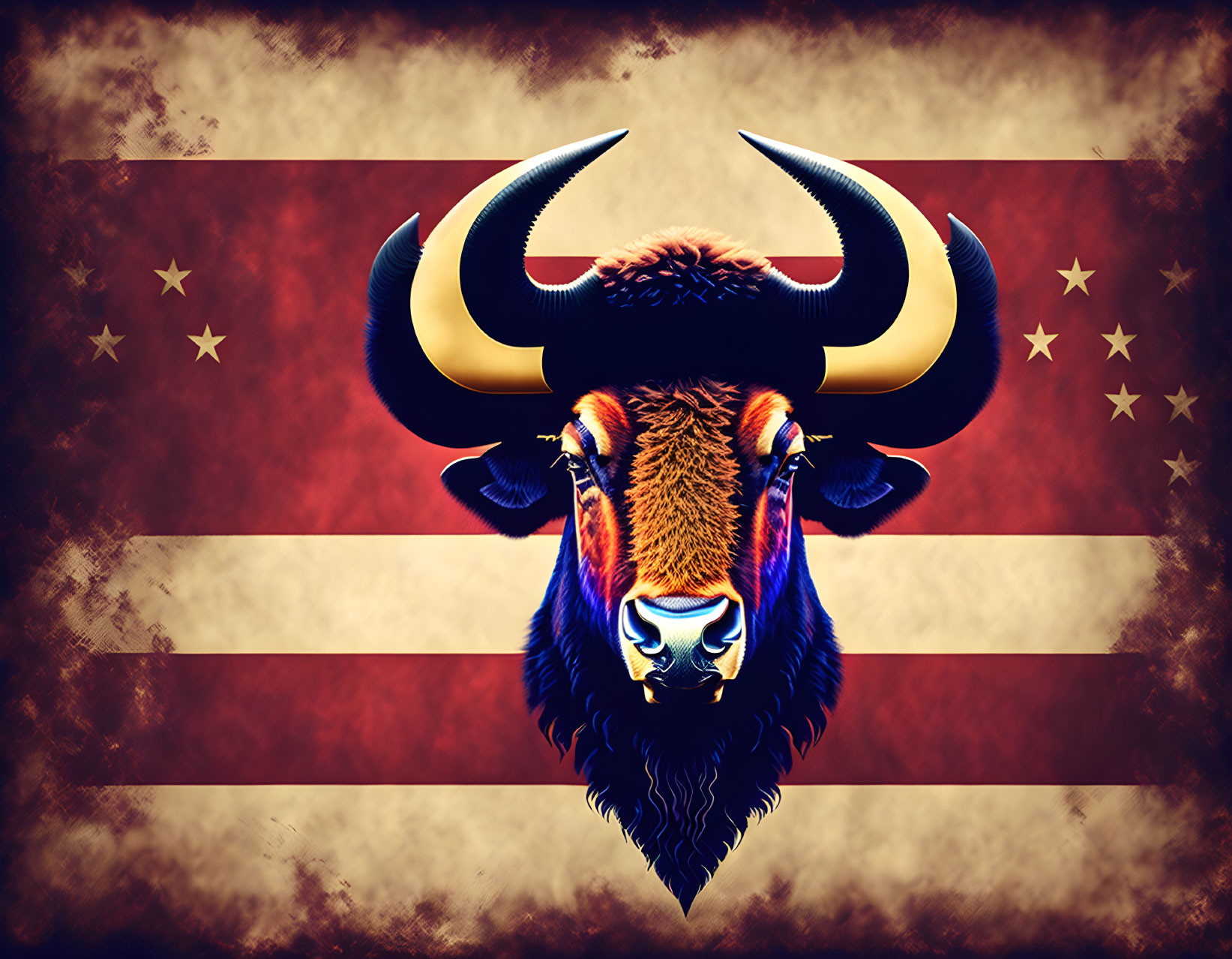 Vibrant blue and orange bison on vintage American flag background