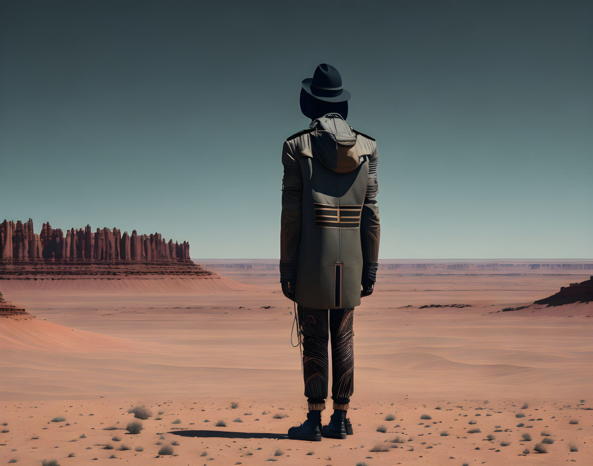 Stylish person in desert landscape with rock formations