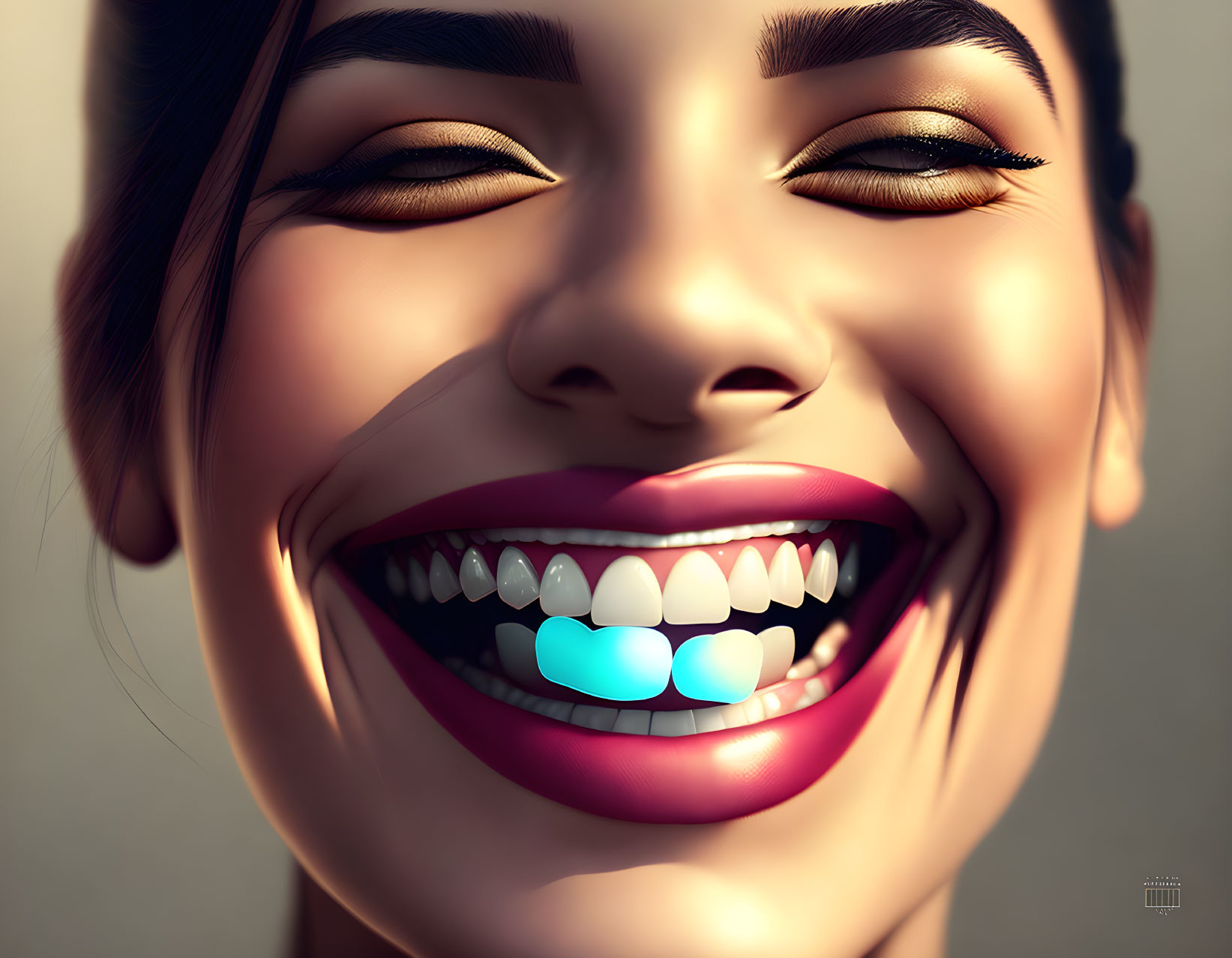 Hyper-realistic digital artwork: Woman smiling with white teeth and blue pill.