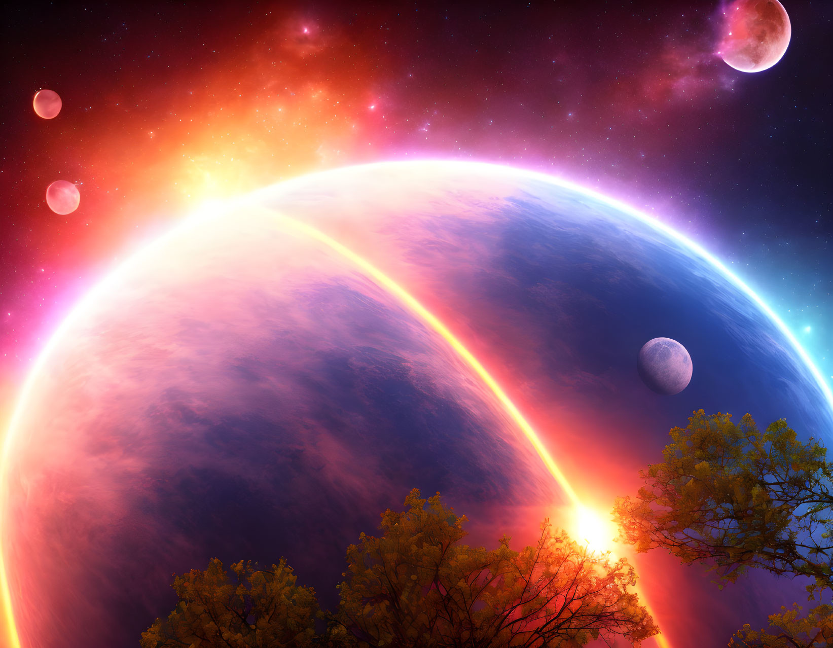 Colorful space scene with planet, moons, stars, and trees.