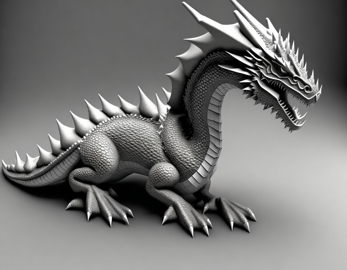 Detailed 3D Rendering of Silver Dragon with Spikes and Scales