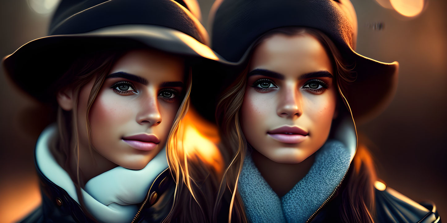 Twin women in hats and scarves under warm light