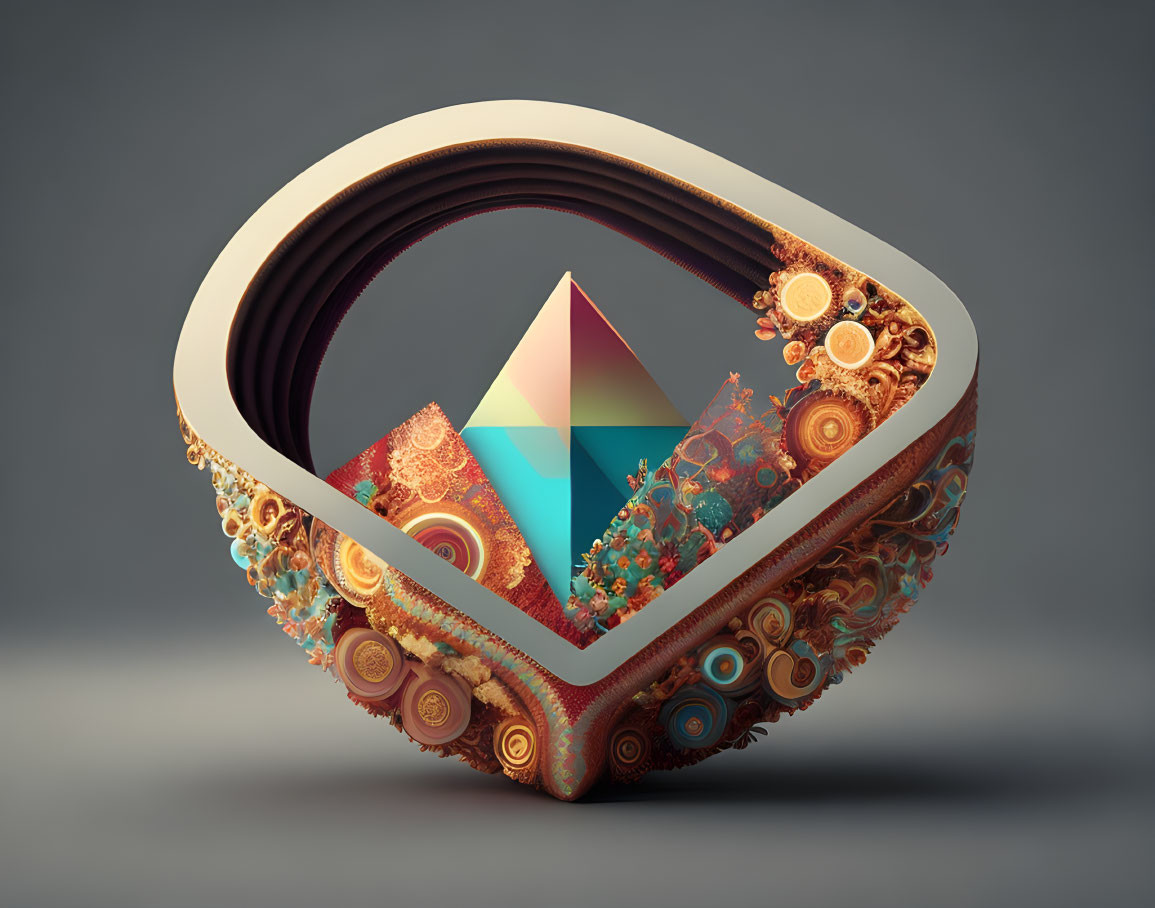 Abstract 3D art: Möbius strip structure, colorful pyramid, floral patterns on grey.