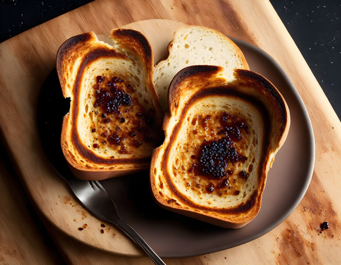 Toasted bread slices with jam spread on wooden plate and knife