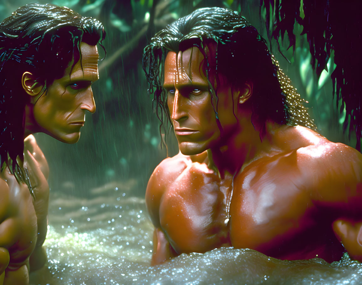 Two male animated characters with wet long hair in a dramatic jungle setting