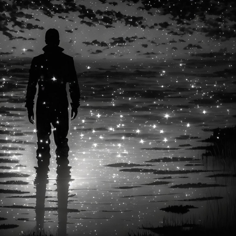 Silhouetted figure in serene starry sky reflection.