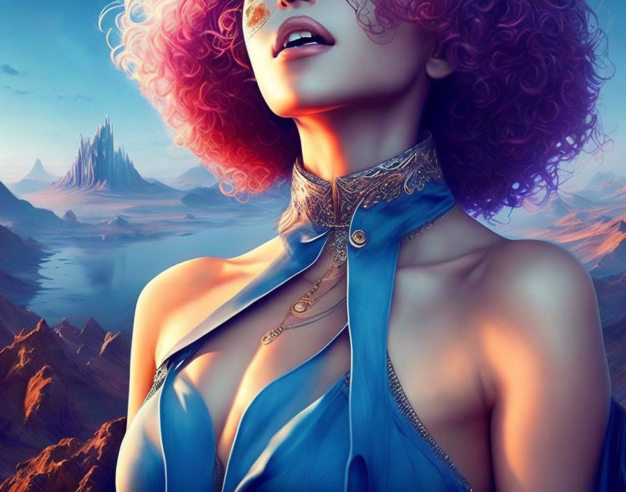 Voluminous Curly Red Hair Woman in Blue Garment Digital Art