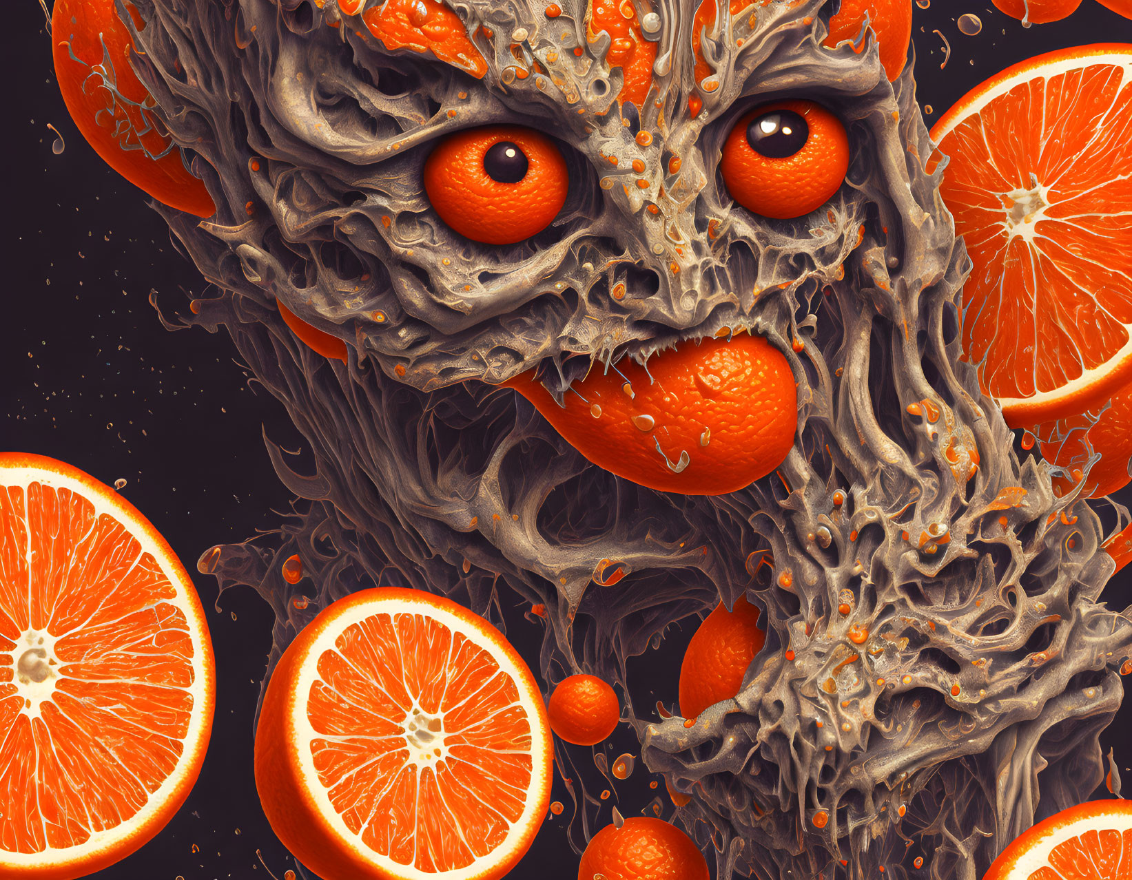 Liquid and Orange Slice Creature with Bright Eyes Emerging from Dark Background