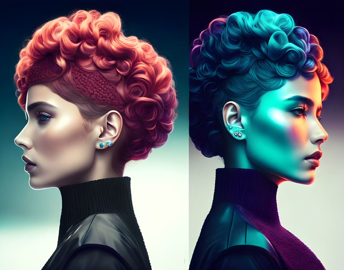 Vibrant red and blue hair digital art of two women, contrasting side profiles