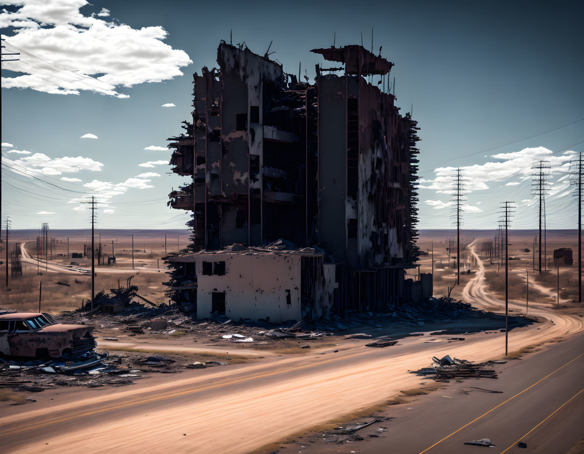 Abandoned high-rise building near empty road under blue sky