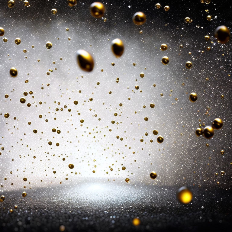 Shimmering golden droplets in suspended motion with bokeh background