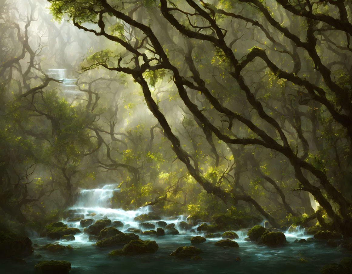 Tranquil forest stream with sunlight and waterfalls