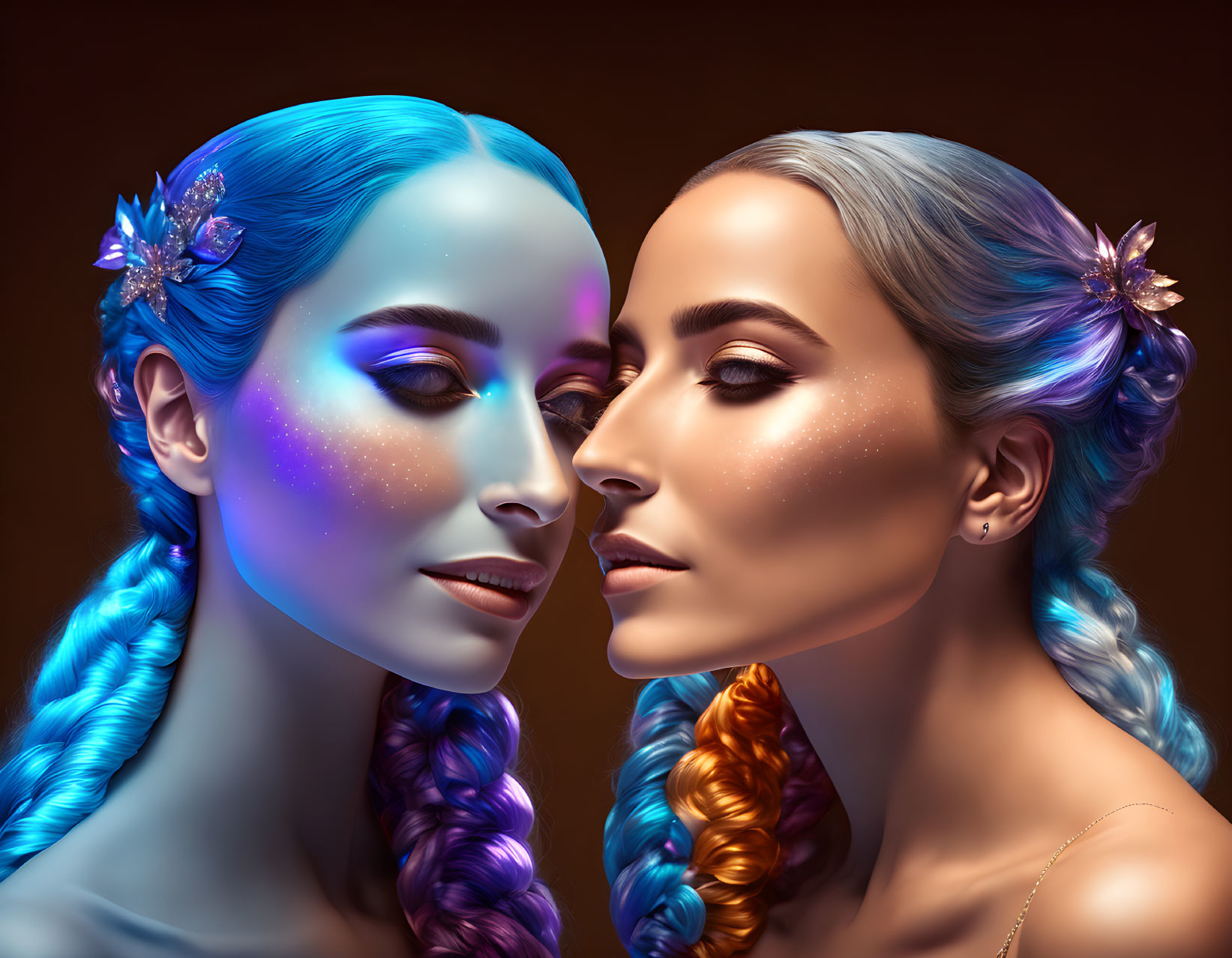 Women with artistic makeup and braided hair in blue and orange tones on brown background