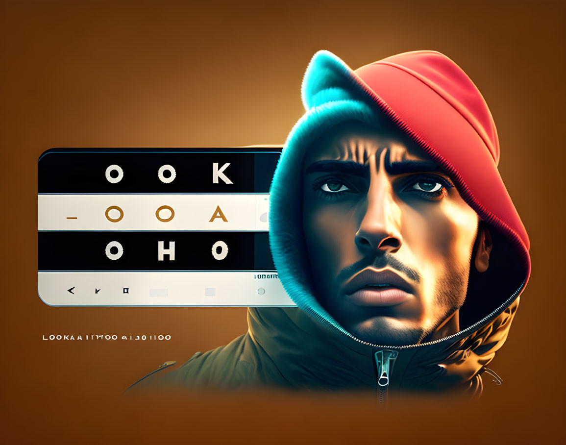 Digital portrait of man in hoodie and cap with eye chart letters board