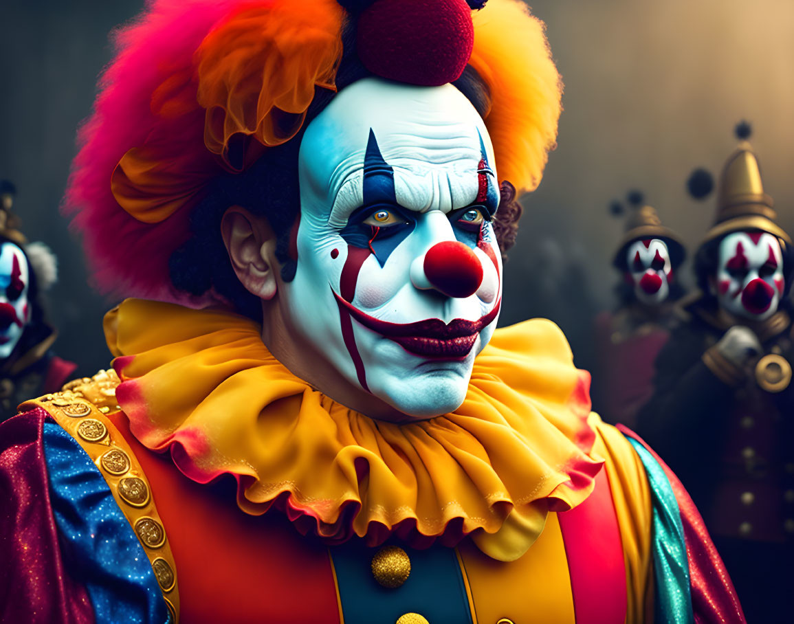 Colorful Clown with Red Nose and Blue Eyes Surrounded by Others in Matching Attire