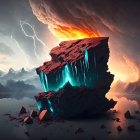 Surreal floating rocky island in blue light on lava background