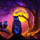 Three owls on branches in mystical moonlit forest