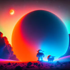 Astronauts observing large planet in neon-lit sky on alien terrain