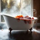 Claw-foot bathtub with rubber ducks, bacon slices, and tree view