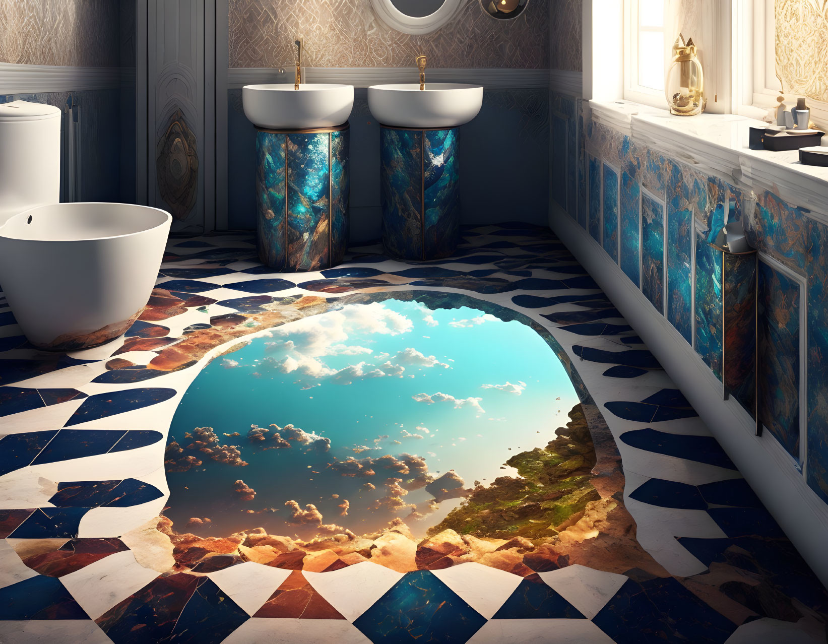 Surreal bathroom with floor opening to sky, freestanding tub & dual sinks