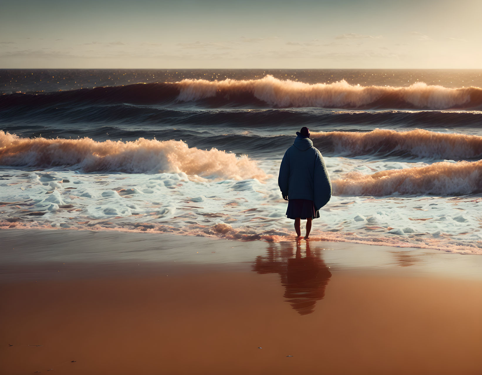 Solitary figure on beach at sunset with crashing waves